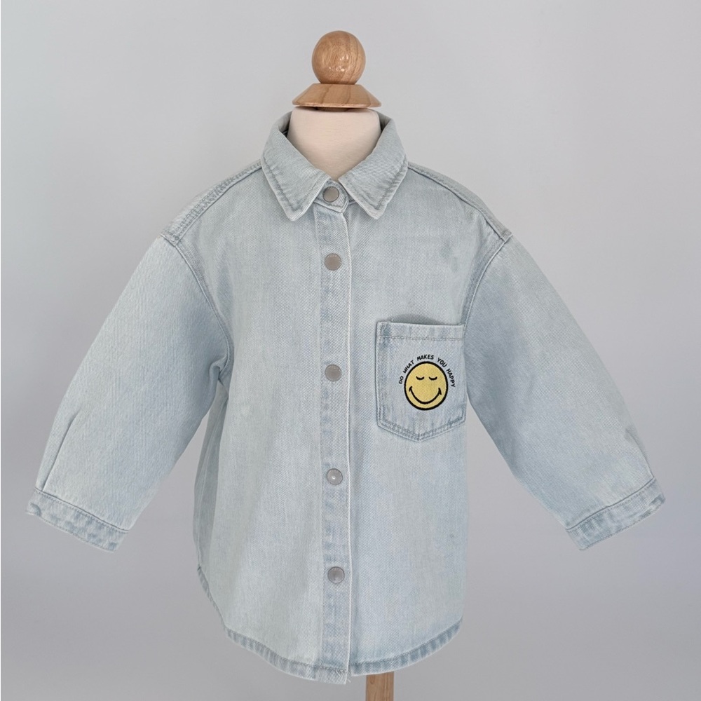 Zara Smiley World Denim Shacket Overshirt 18-24M Light Wash Snap Front